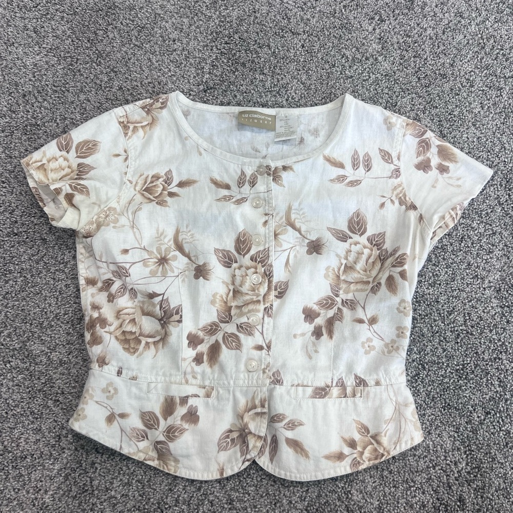 Liz Claiborne Ivory Brown Floral Linen Rayon Crop Top Botton Close Women’s US 4